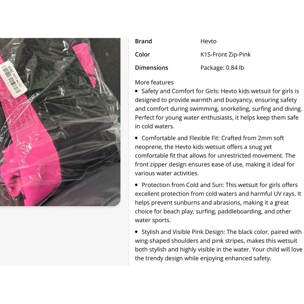 Hevto Wetsuit Shorty Kids Size 6 Black Pink Excellent 2mm Neoprene Front Zip